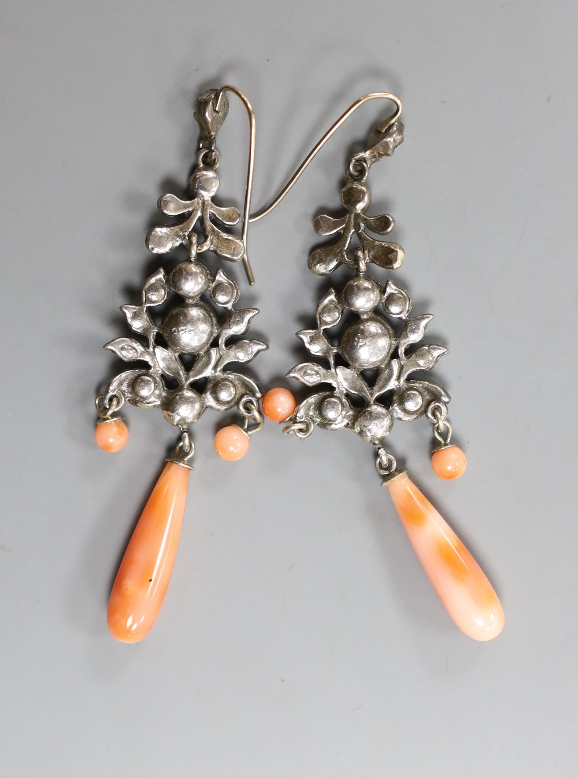 A pair of white metal, white paste and coral set drop earrings, 67mm.
